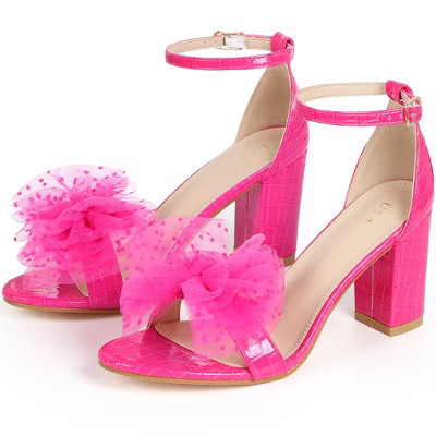 BLISSFUL STEP Women's Valentines Mesh Bow Tie Ankle Strap Chunky Heel Sandals 8.5 Hot Pink | Target