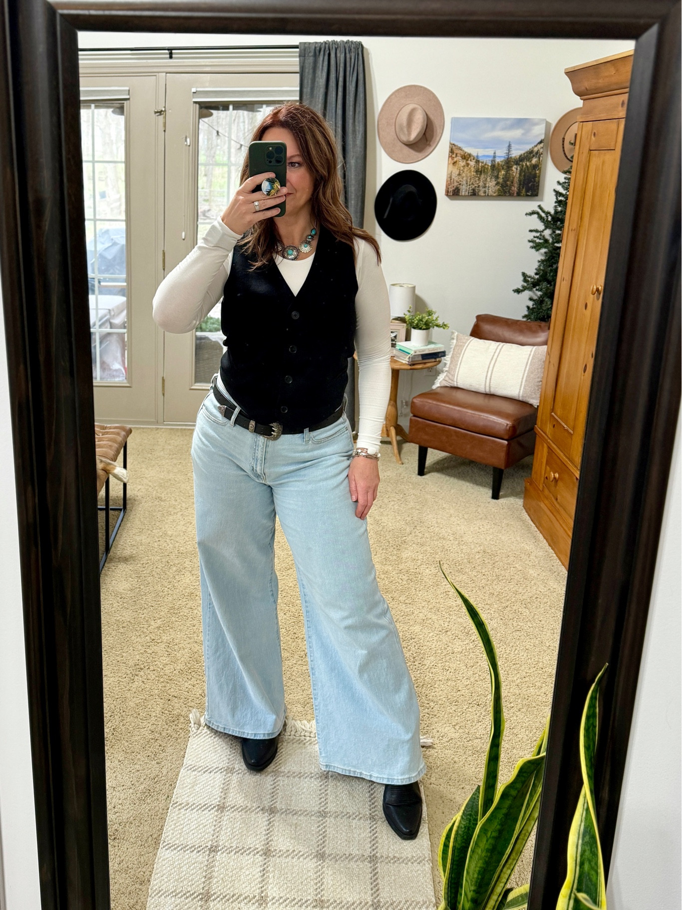 Work outfit. Western style. Wide leg jeans are older, linked similar options. Turquoise necklace is from Marshall’s, linked similar that I could find    

#LTKworkwear #LTKmidsize #LTKover40