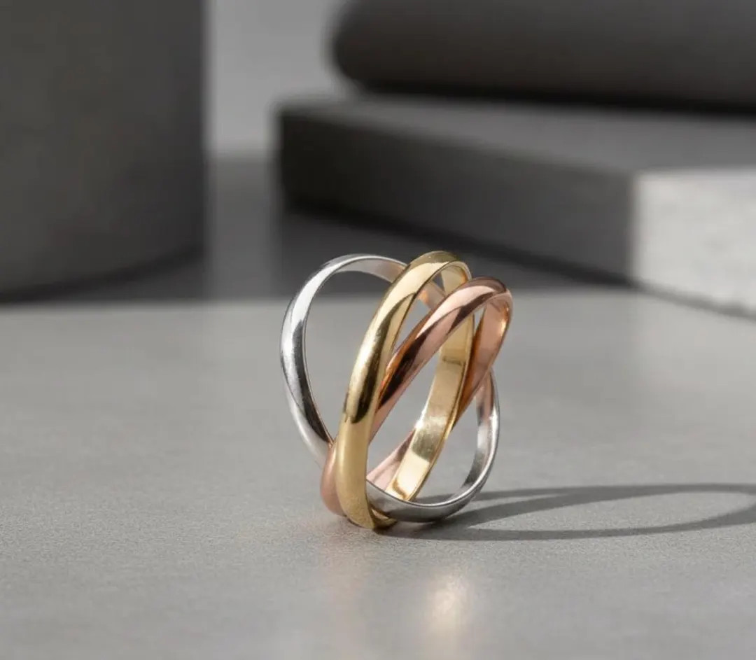 14K Gold Tri Color Rolling Ring Interlocking Trinity Band Russian Style Spinner Fidget Ring | Etsy (US)