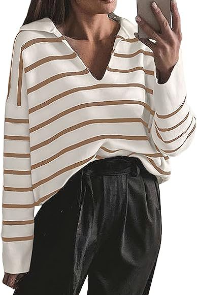 CFLONGE Women's Winter Casual Striped Long Sleeve Polo V Neck Pullover Sweater Loose Fit Drop Should | Amazon (US)