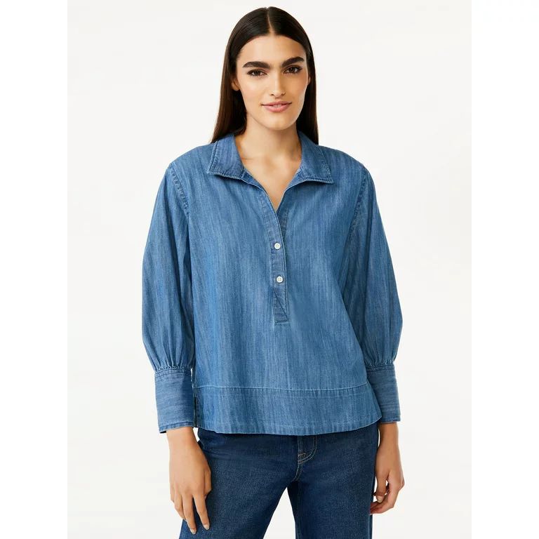 Free Assembly Women's Chambray Popover Top with Blouson Sleeves | Walmart (US)