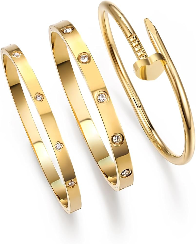 18K Gold Plated Stainless Steel Love Nail Bangle Bracelet Set Stackable Dupes Bangle Set for Love... | Amazon (US)