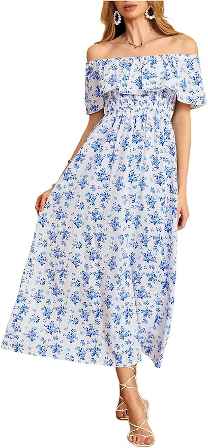 MakeMeChic Women's Floral Print Boho Dress Off Shoulder Shirred Split Thigh Midi Long Dresses | Amazon (US)