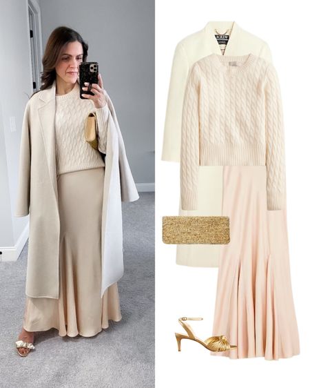 Holiday party outfit idea: cable knit sweater, satin skirt, gold bow heels, sequin clutch, wool knit long coat 

#LTKstyletip #LTKSeasonal #LTKHoliday
