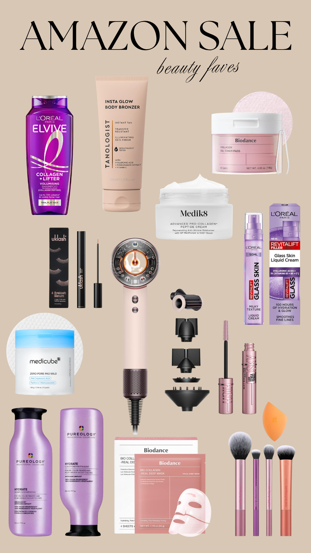 amazon sale, beauty faves, beauty favorites, skincare, haircare, makeup, beauty tools, collagen, hydration, glass skin, pore pads, toner pads, sheet mask, peptide cream, body bronzer, eyelash serum, mascara, makeup brushes, beauty sponge, hair styling tool, shampoo, conditioner, L’Oréal Elvive, L’Oréal Revitalift, Tanologist, Biodance, Medik8, Medicube, Pureology, Maybelline Sky High 

 #LTKuk #LTKsummer #LTKsale