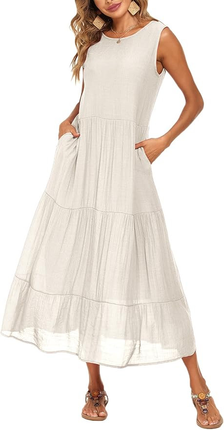 Amazon.com: Halife Womens Sleeveles Dresses Casual Summer Wedding Flowy Long Dress Beige S : Clot... | Amazon (US)