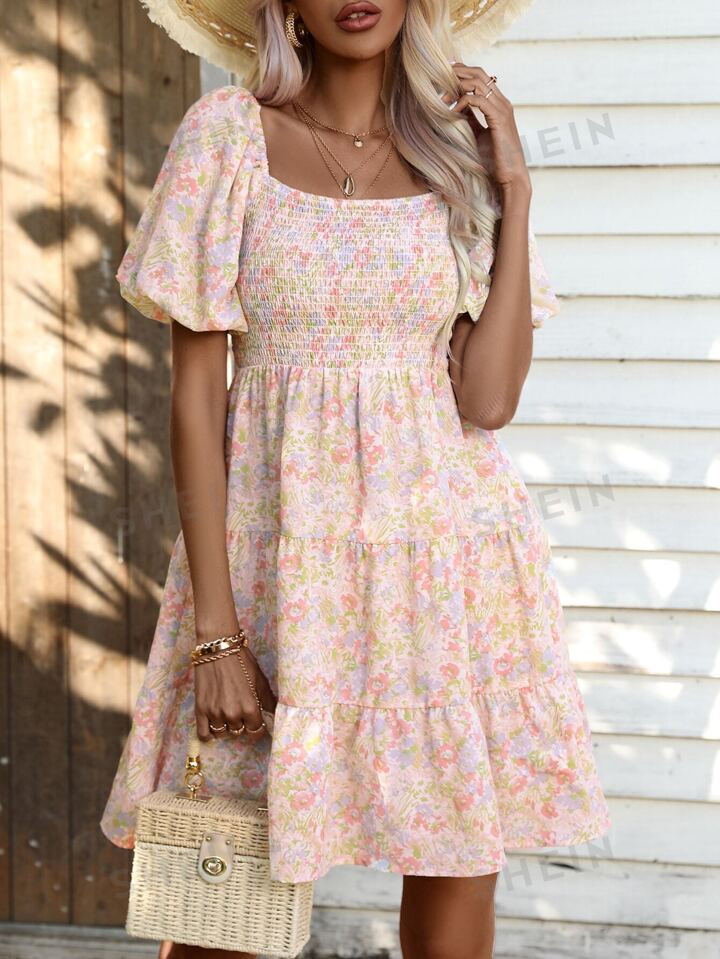 SHEIN Rosie Allover Floral Print Shirred Puff Sleeve Ruffle Hem Dress | SHEIN