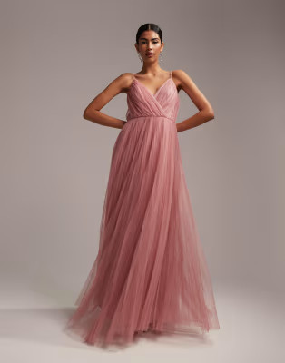 ASOS DESIGN Bridesmaid cami pleated tulle maxi dress in rose | ASOS (Global)