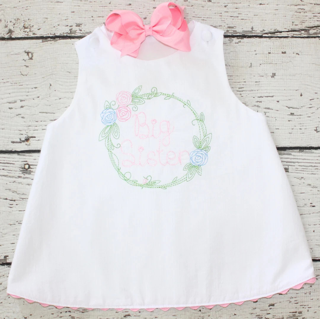 Floral Big Sister Dress, Monogrammed Seersucker Dress, White Floral Dress, Monogrammed Big Sister... | Etsy (US)