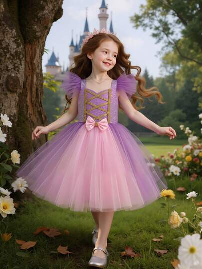 Young Girl Puff Sleeve Mesh Sequin Bow Decor Elegant Party Christmas Dress, Princess Dress, Suitable For Girls Birthday Gift, Party, Banquet, Wedding Flower Girl Outfit | SHEIN