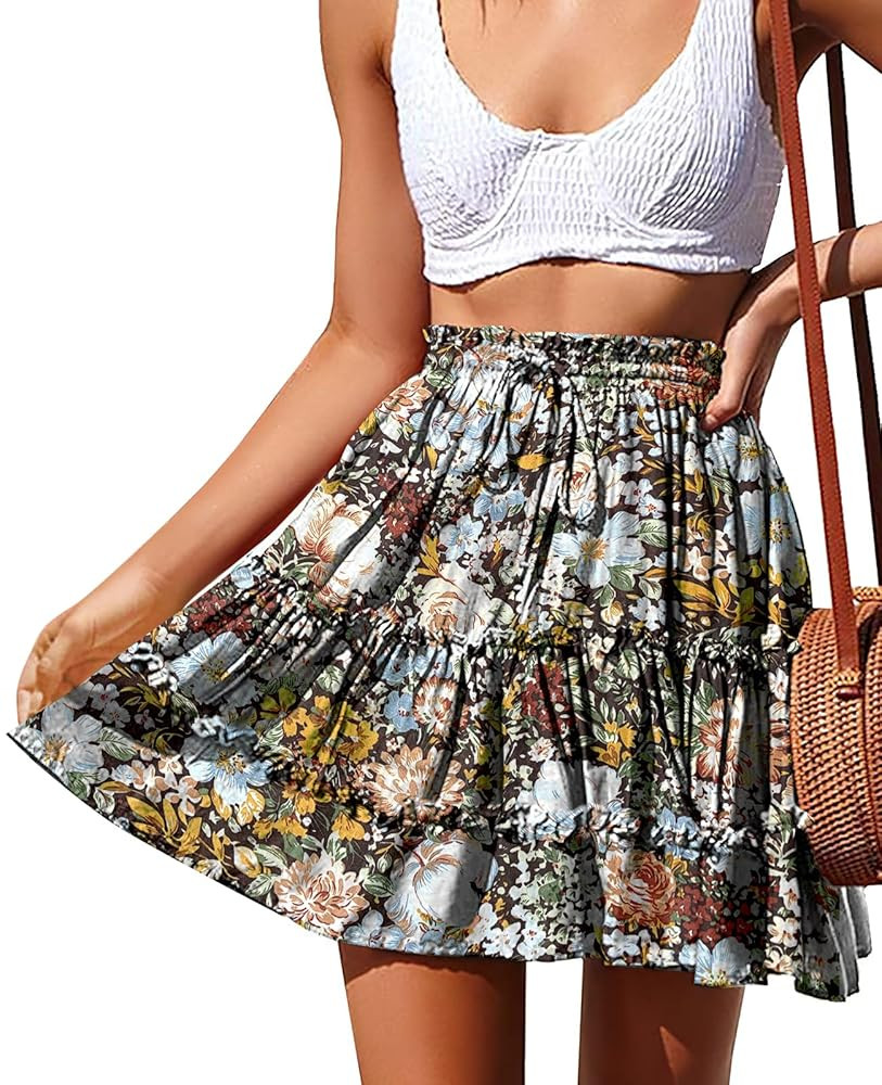 NASHALYLY Women's Summer Boho Floral Print Mini Skirt High Waist Drawstring Tiered Skirts | Amazon (US)
