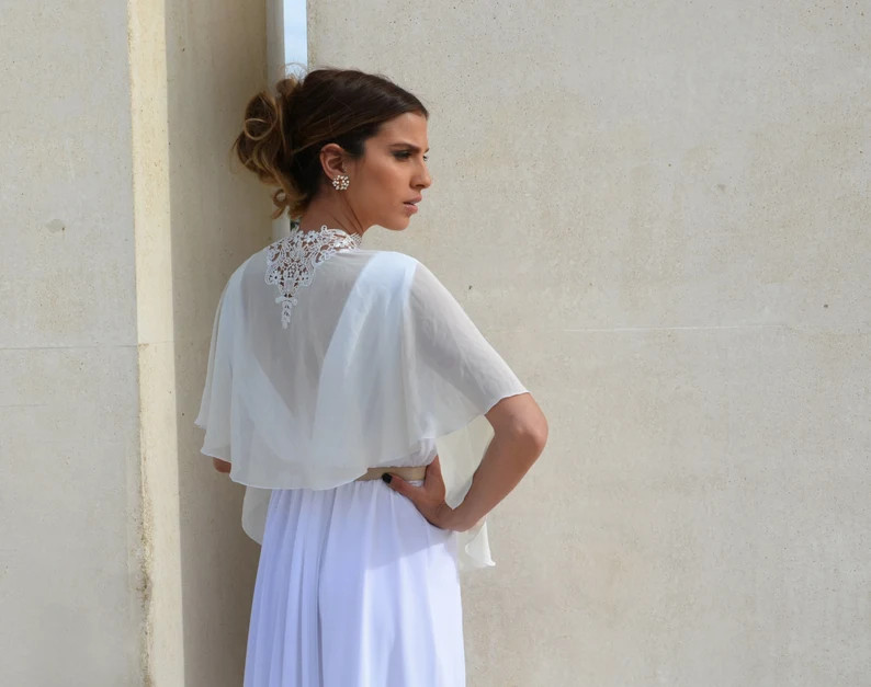 Bridal Chiffon Cape Bride Shawl With Embroidery Lace Shrug - Etsy | Etsy (US)