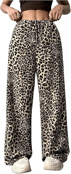Floerns Women's Drawstring Waist Leopard Print Trousers Tie Front Wide Leg Pants | Amazon (CA)