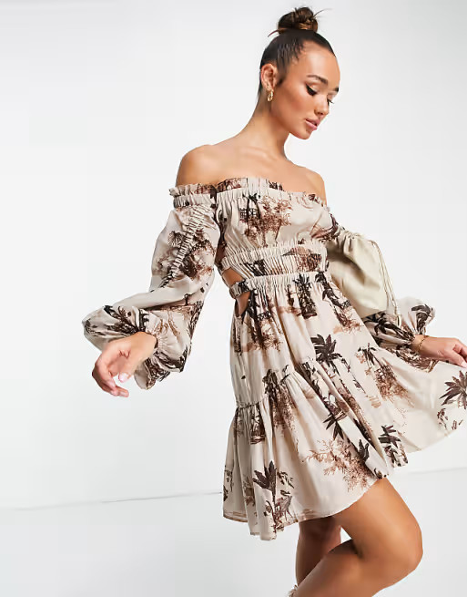 ASOS DESIGN ruched panelled off the shoulder mini dress in palm print | ASOS (Global)