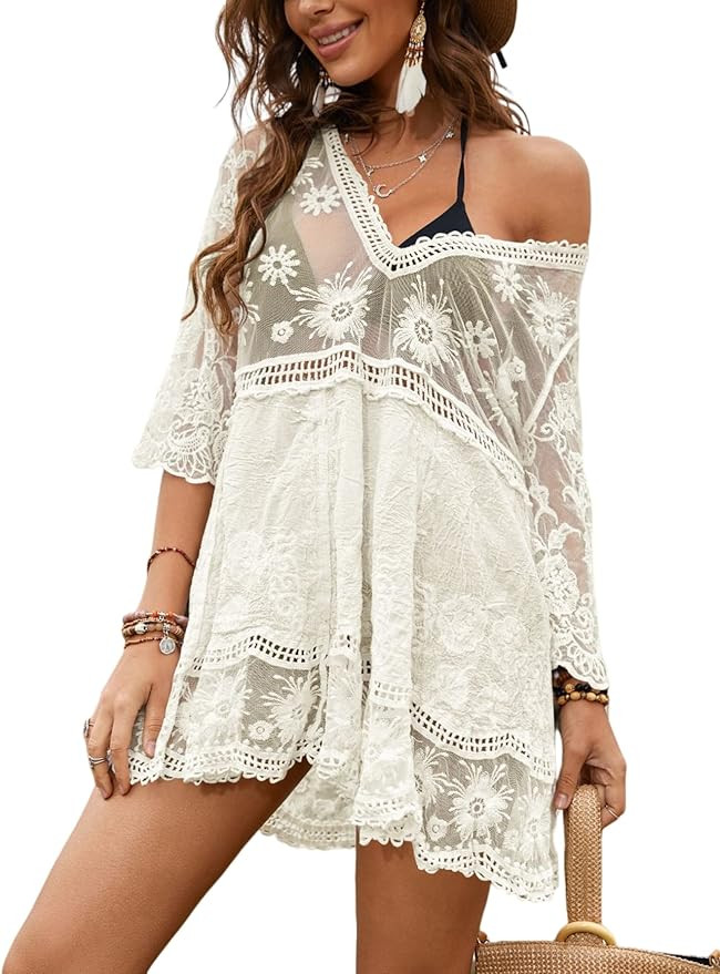 Floerns Women's Contrast Lace Plunging V Neck Bikini Cover Up Beach Dress Bathing Suit | Amazon (US)