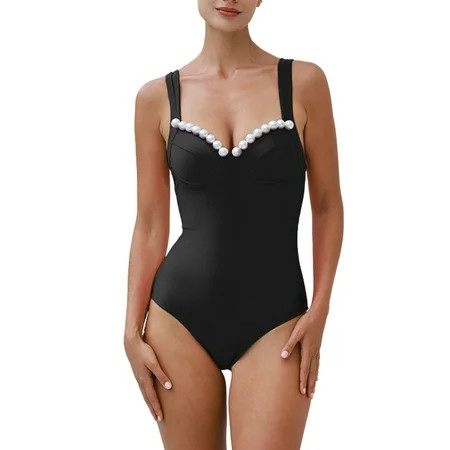 Flaxmaker Women One Piece Swimsuit Black Pearl Push Up V Neck Bathing Suit Two pieces Swimwear Set | Walmart (US)
