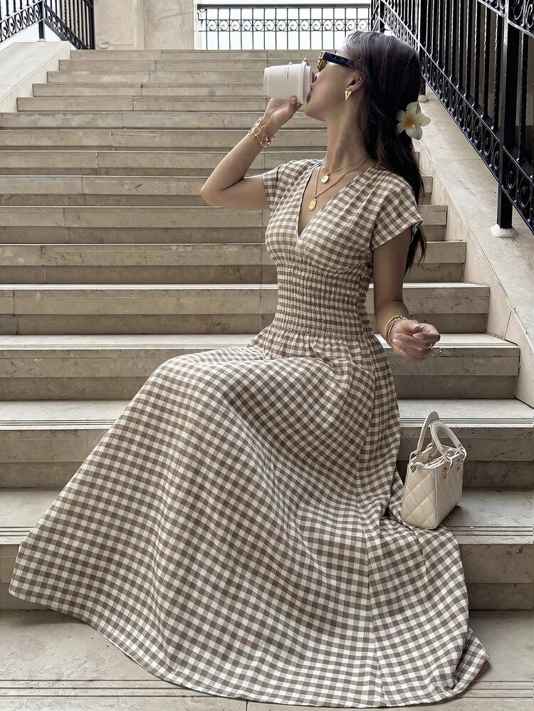 Elyressa Elegant Summer Long Woven Checkered Dress For Women | SHEIN