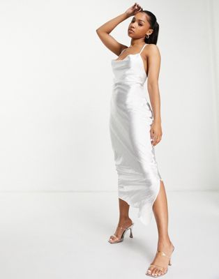 ASOS DESIGN cami maxi slip dress in high shine satin with lace up back in ivory | ASOS (Global)