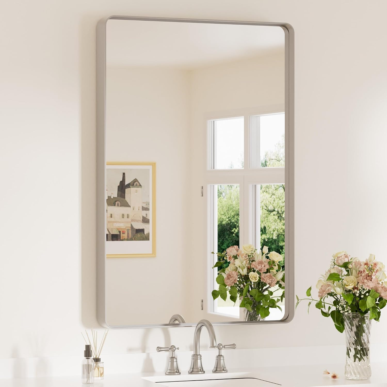 Keonjinn Silver Bathroom Mirrors for Vanity 24 x 36 Inch Metal Framed Wall Mirror, Matte Silver R... | Amazon (US)
