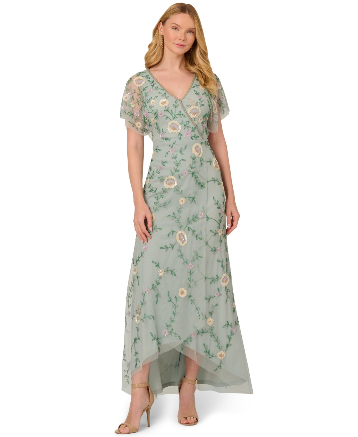 Adrianna Papell Petite V-Neck Beaded Mesh Gown - Aqua Dust | Macy's