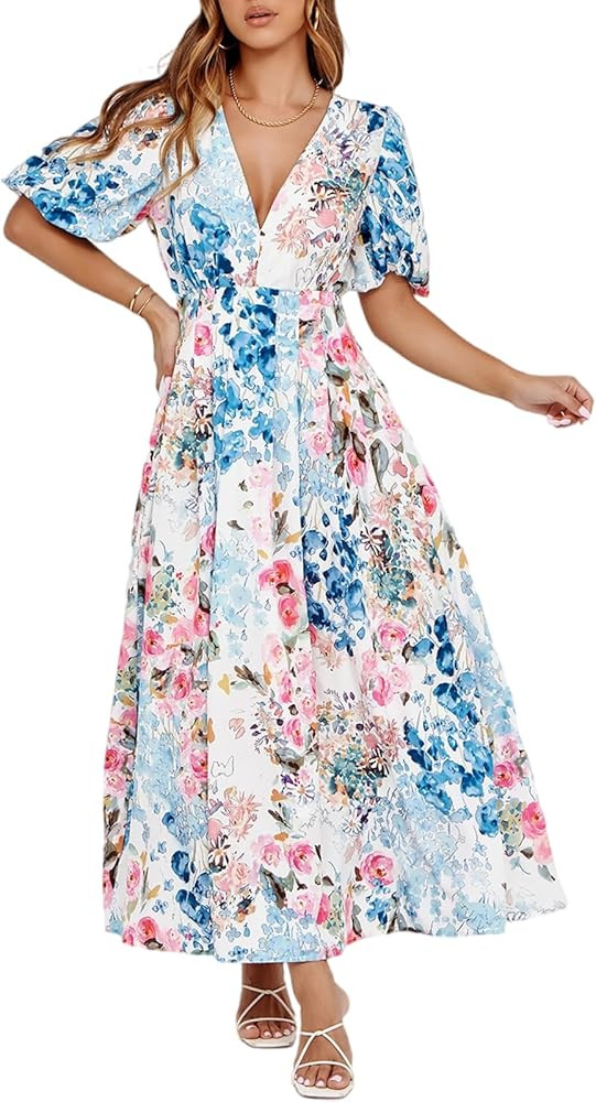 Women's Boho Floral Print Midi Dress Short Sleeve Summer Long Dress | Amazon (US)