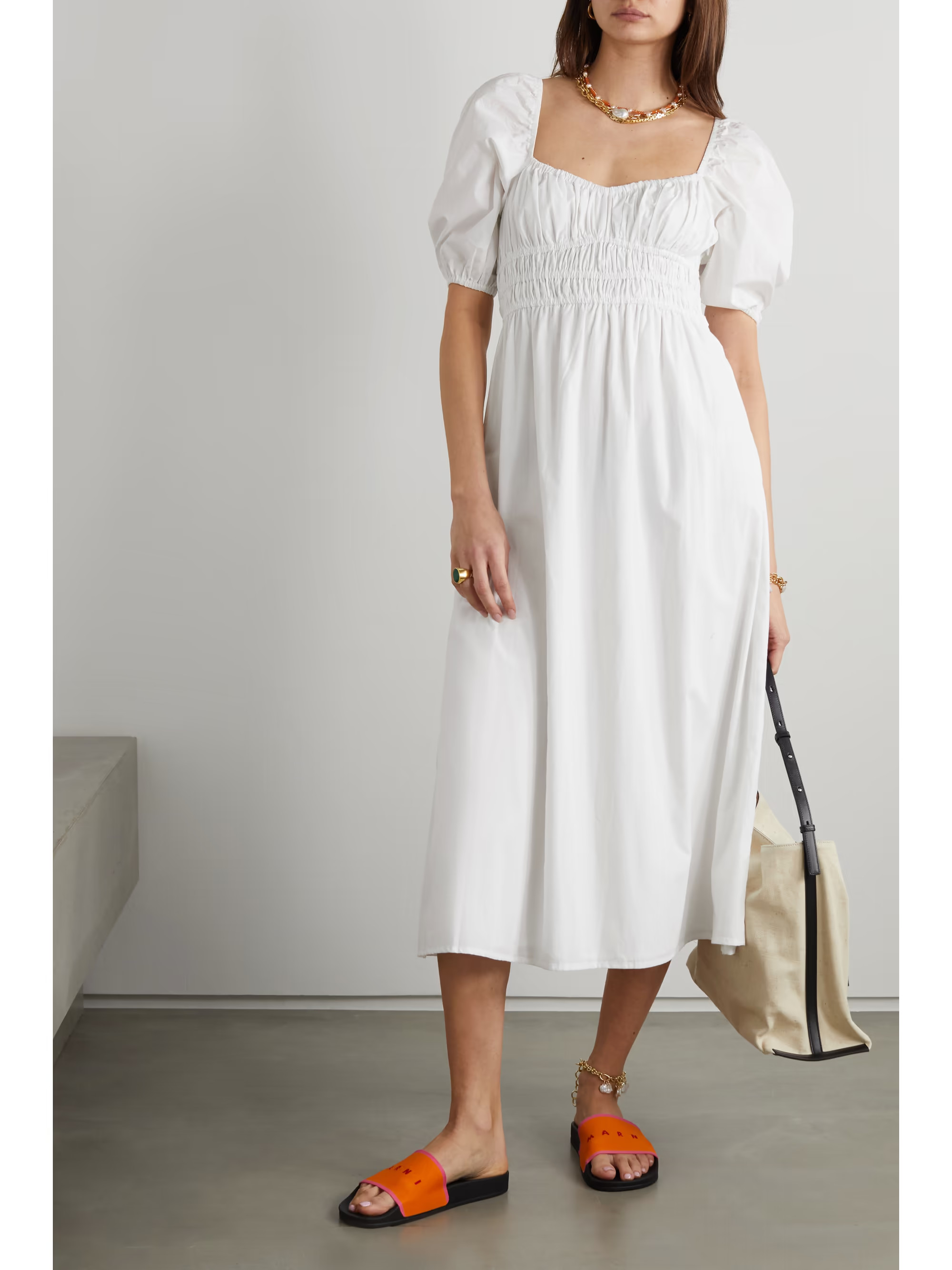 White + NET SUSTAIN Harmonita shirred cotton-poplin midi dress | FAITHFULL THE BRAND | NET-A-PORT... | NET-A-PORTER (UK & EU)