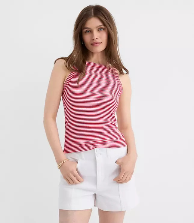 Stripe Perfect Ribbed Apron Neck Tank Top | LOFT
