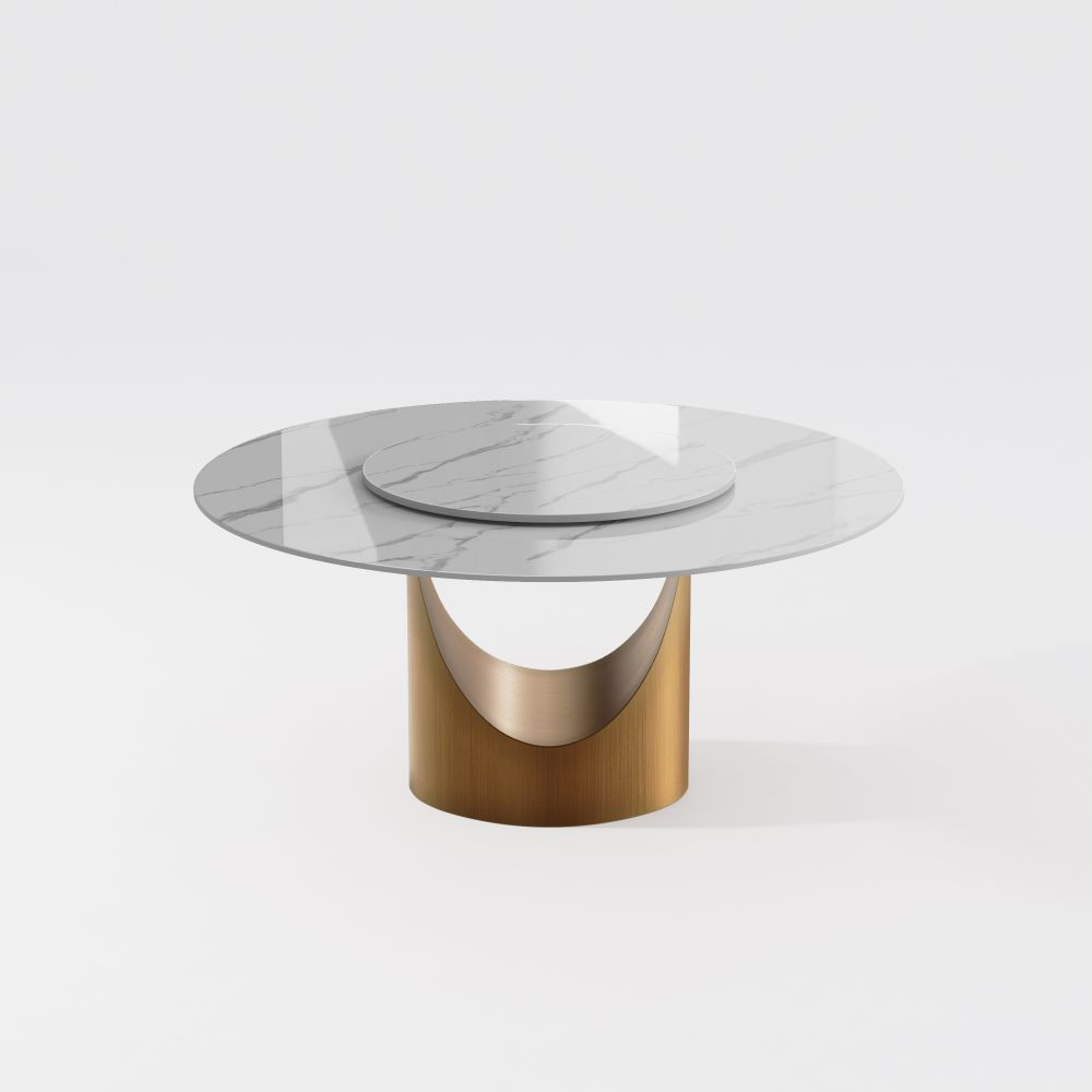 Hobart Modern Minimalist Dining Table for 4/6, Round Sintered Stone Tabletop, Bronze Carbon Steel... | POVISON