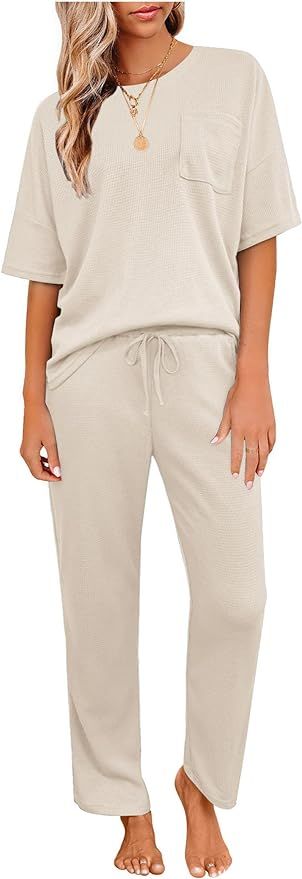Womens Pajama Sets Waffle Knit Short Sleeve Shirt with Long Pajama Pants Soft Sleepwear Pj Lounge... | Amazon (US)