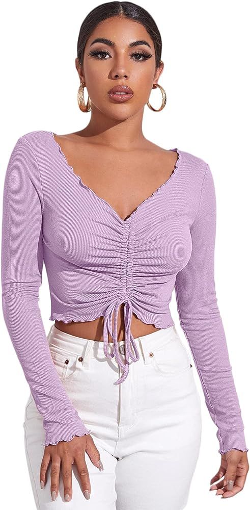 Floerns Women's Lettuce Trim Long Sleeve Drawstring Ruched Crop Tops T Shirts | Amazon (US)