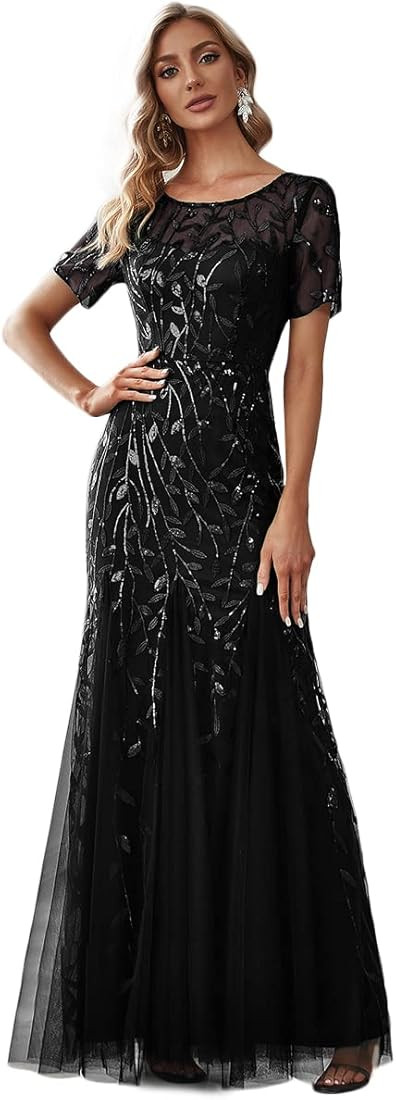 Ever-Pretty Women's Elegant Illusion Short Sleeve Sequin Embroidery Mermaid Evening Dress 07707-U... | Amazon (US)