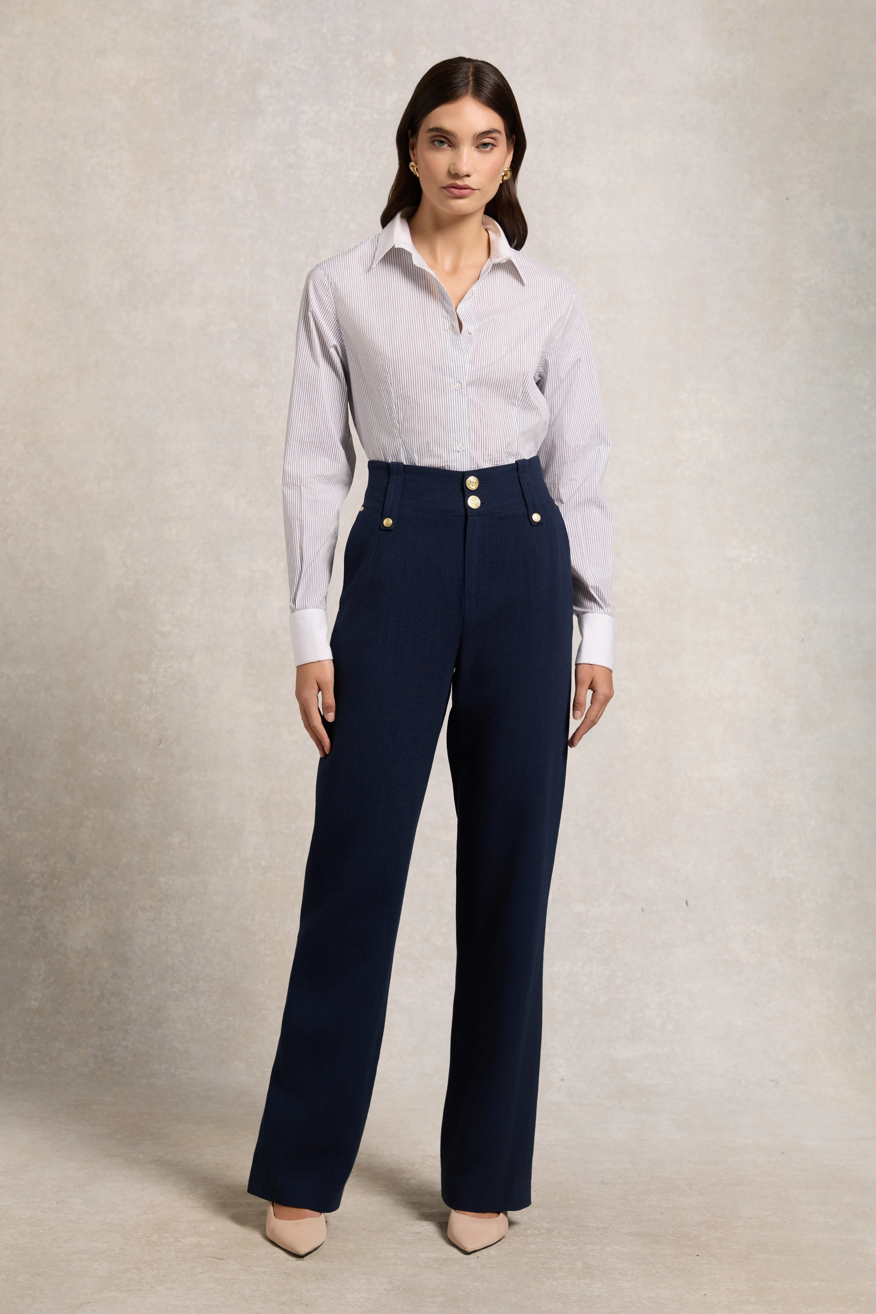 High Waisted Straight Trouser (Navy Linen) | Holland Cooper