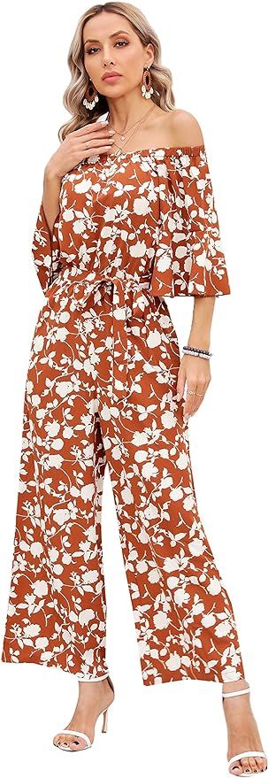Love Welove Fashion Jumpsuits for Women, Floral Off Shoulder Ruffled Short Sleeve High Waist Wide... | Amazon (US)