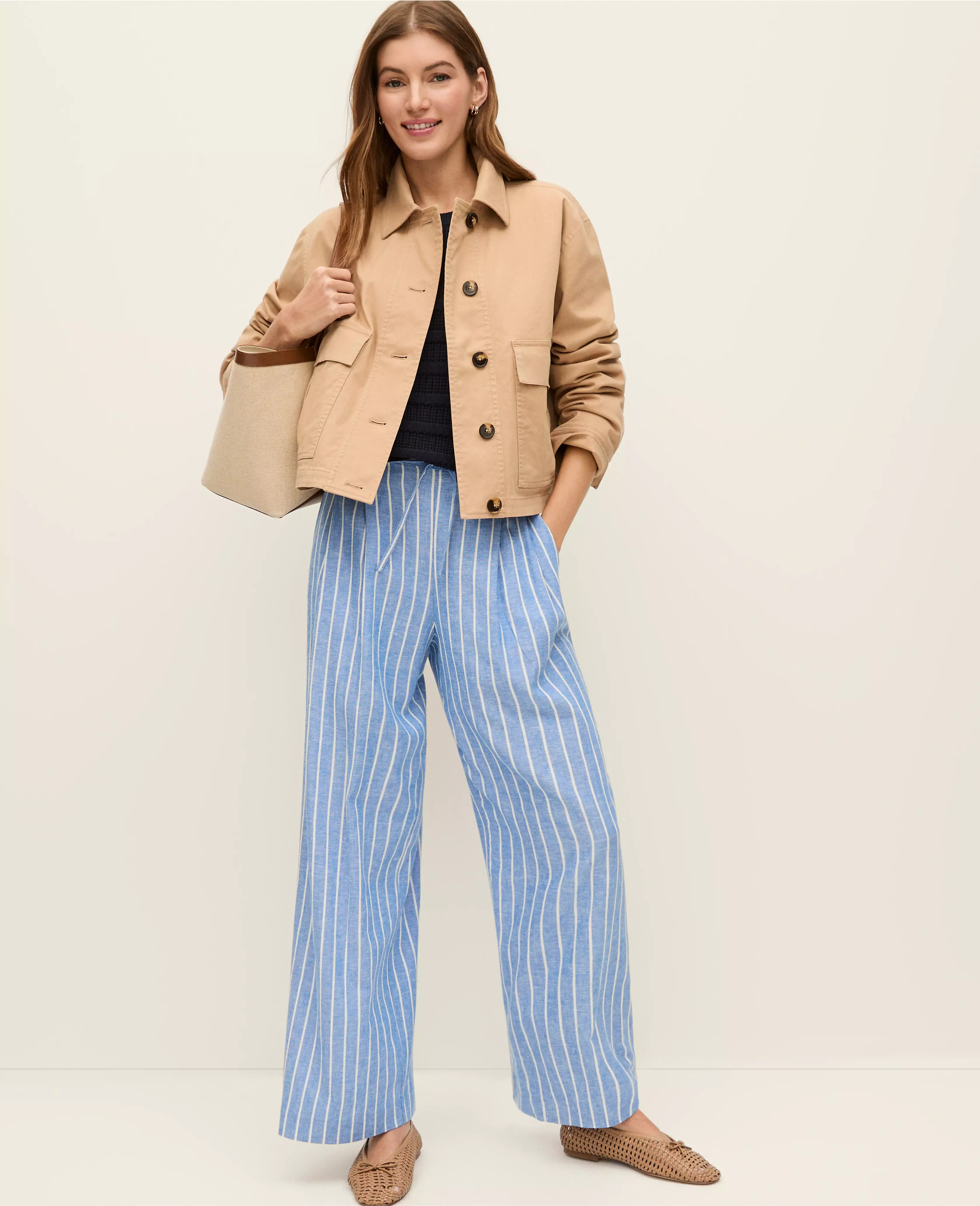 Weekend Collection Striped Pull On Wide-Leg Pant in Linen | Ann Taylor