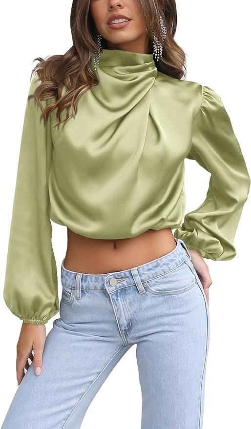 PRETTYGARDEN Women's 2023 Fall Fashion Crop Tops Long Sleeve Ruched Mock Neck Satin Shirt Blouses | Amazon (US)