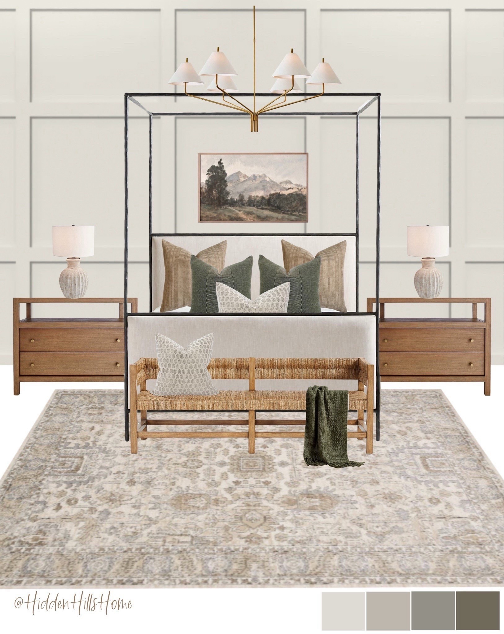 Modern classic primary bedroom mood board, canopy bed, bedroom bench, rug, wooden nightstands #bed #canopy #modern-classic 


#LTKSaleAlert #LTKSeasonal #LTKHome