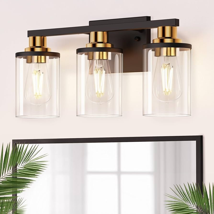 DORESshop Bathroom Light Fixtures, 3-Light Black and Gold Bathroom Lights Over Mirror with Clear ... | Amazon (US)