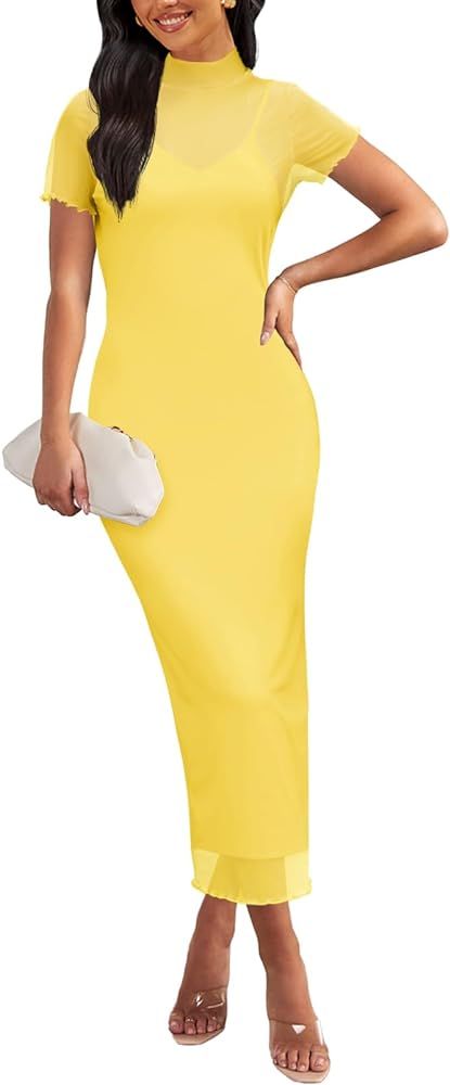 MEROKEETY Women's 2024 Summer Bodycon Mock Neck Dresses Sheer Mesh Slip Sexy Party Cocktail Maxi ... | Amazon (US)