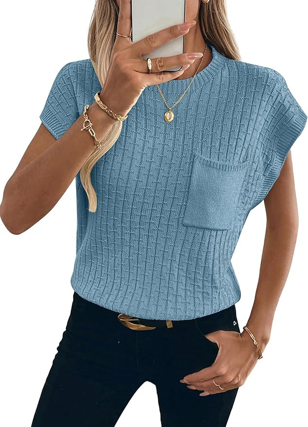 Womens Short Sleeve Sweaters Summer Cap Sleeve Tops Casual Crewneck Oversized Lightweight Knit Sw... | Amazon (US)