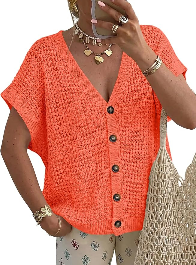 Fisoew Women's Short Sleeve Crochet Cardigans Sweater Tops Summer Button Down V Neck Casual Knit ... | Amazon (US)