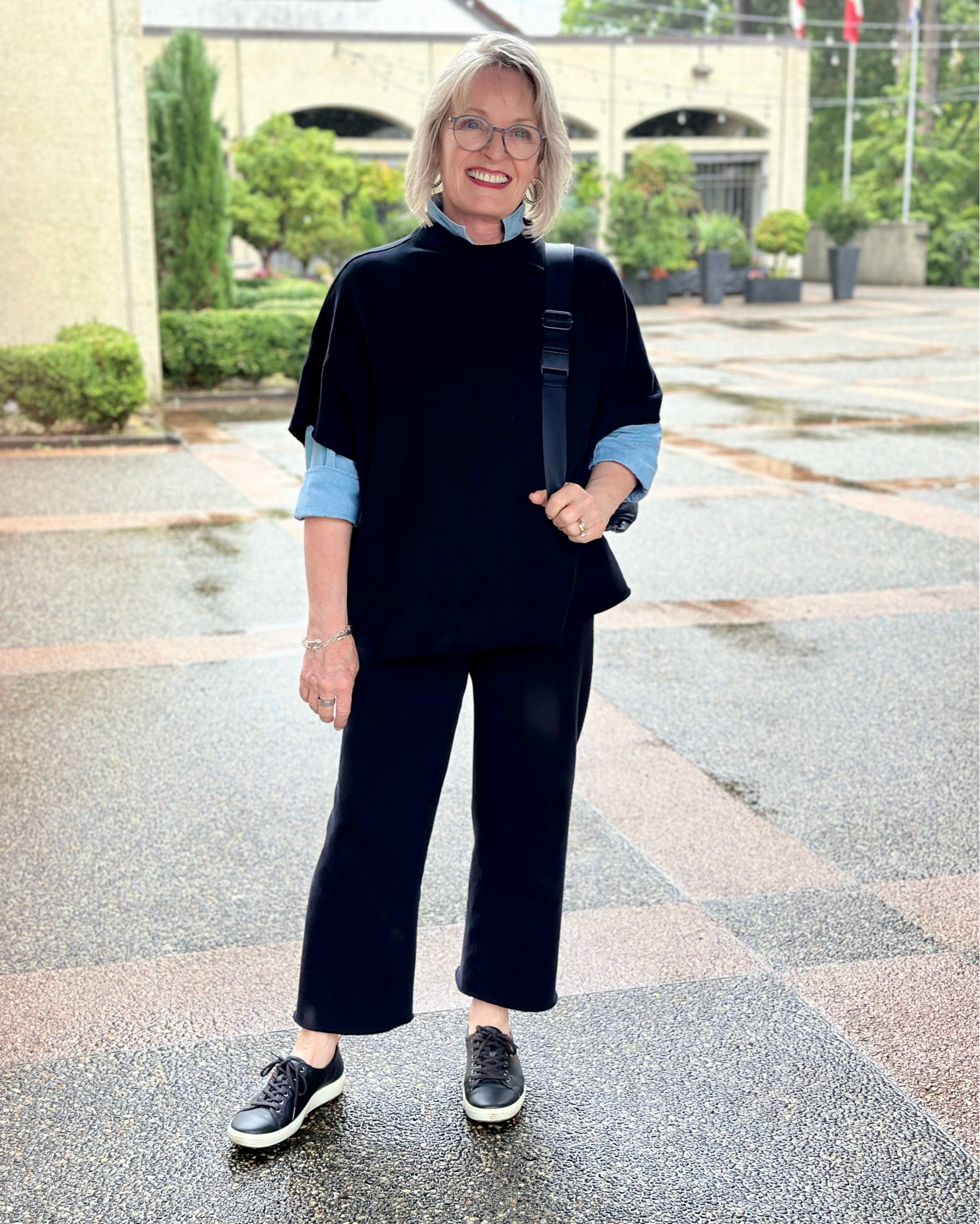 Rainy day wearing chambray shirt layered under my Frank & Eileen Malibu Travel Set. 
Wearing set in Navy size S
Chambray in S
#Over50Style #elevatedathleisure #LTKOver50Style 

#LTKStyleTip #LTKTravel #LTKOver40
