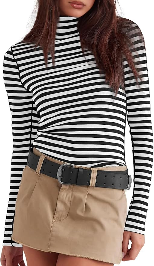 Darong Womens Striped Turtleneck Shirt Long Sleeve Undershirts Ribbed Slim Fit Top Fitted Basic T... | Amazon (US)