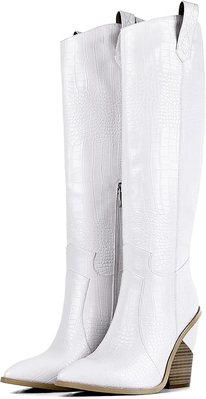 Kiafuo White Knee High Cowboy Boots For Women With Pull-Up Tabs Thigh High Western Boots Almond Roun | Amazon (US)