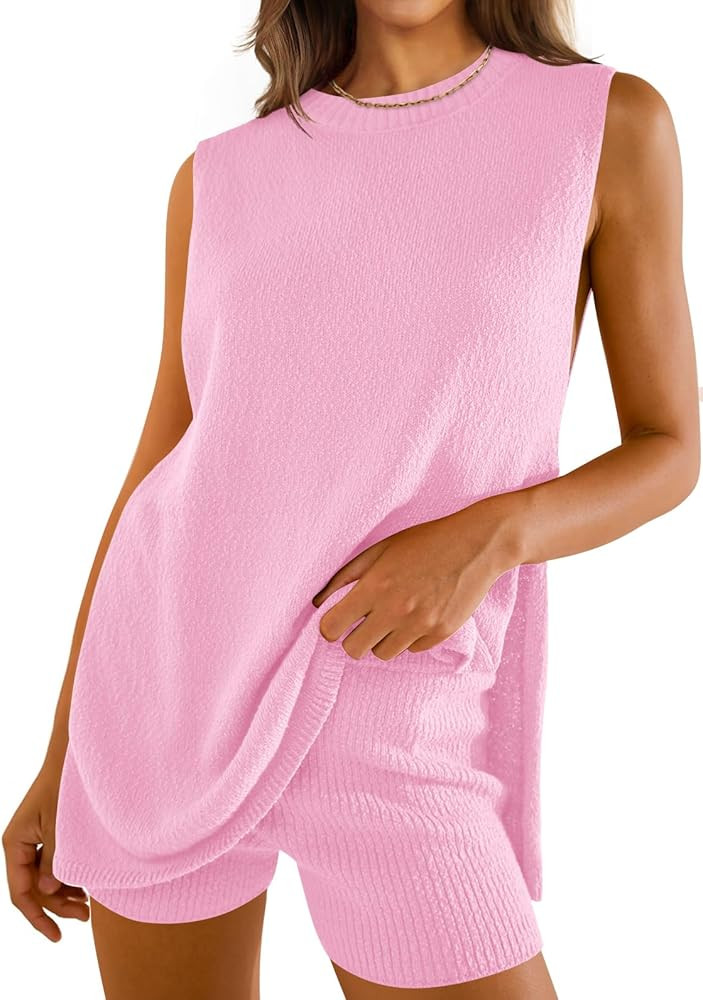 ZESICA Women's Summer Two Piece Sweater Lounge Sets 2024 Casual Knit Trendy Tunic and Shorts Outf... | Amazon (US)