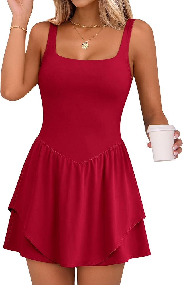 Caracilia Women Tennis Dress Square Neck 2 Layers Hem Built in Shorts and Bra Workout Athletic Go... | Amazon (US)