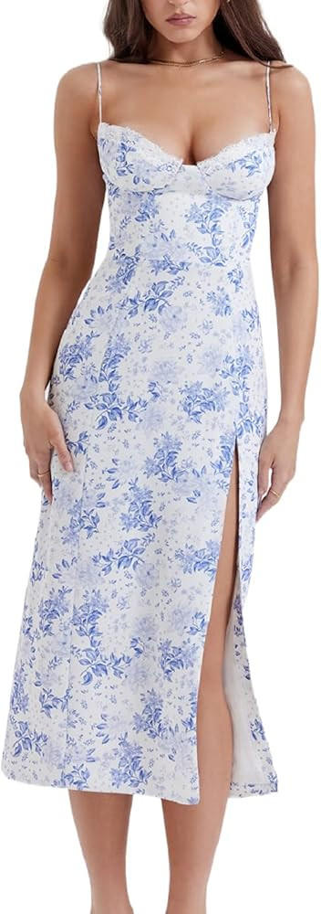 Women Y2k Boho Maxi Dress Square Collar Backless Floral Split Corset Dress Cottagecore Sleeveless... | Amazon (US)