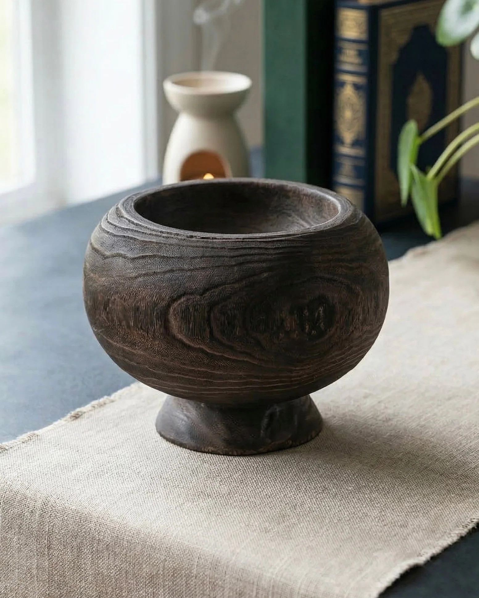 Carved Paulownia Wood Pedestal Bowl | MJHome