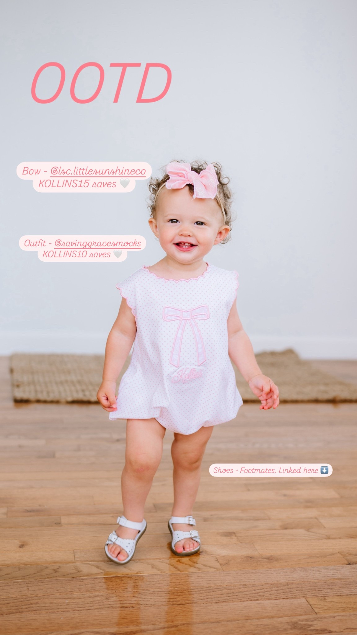 Kollins OOTD 🤍 
Bow - little sunshine co on IG. Code KOLLINS15 will save $
Outfit - Saving Grace Smocks - code KOLLINS10 saves at checkout 
Shoes - linked! Wearing size 3 at 14 months (just moved up to a size 4. These run small)

#LTKBaby #LTKShoeCrush #LTKKids