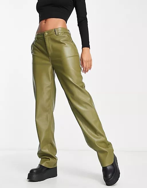 ASOS DESIGN faux leather straight leg pants in olive | ASOS (Global)