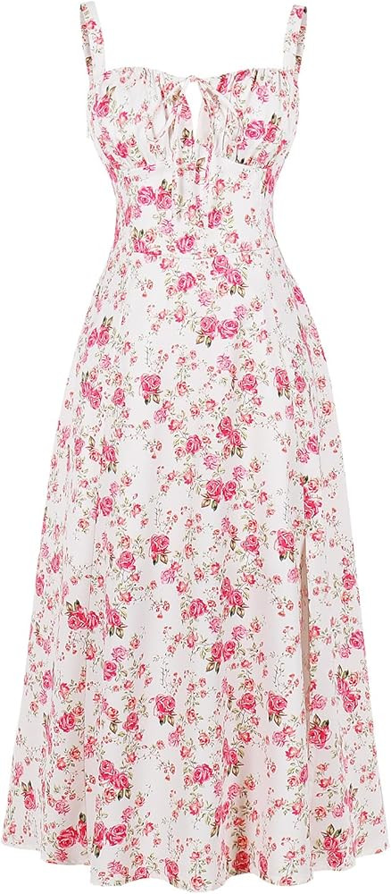 ABEHIK Women Floral Corset Dress Summer Dress 2026 Boho Flowy Slit Lace Up Midi Dresses Going Out... | Amazon (US)